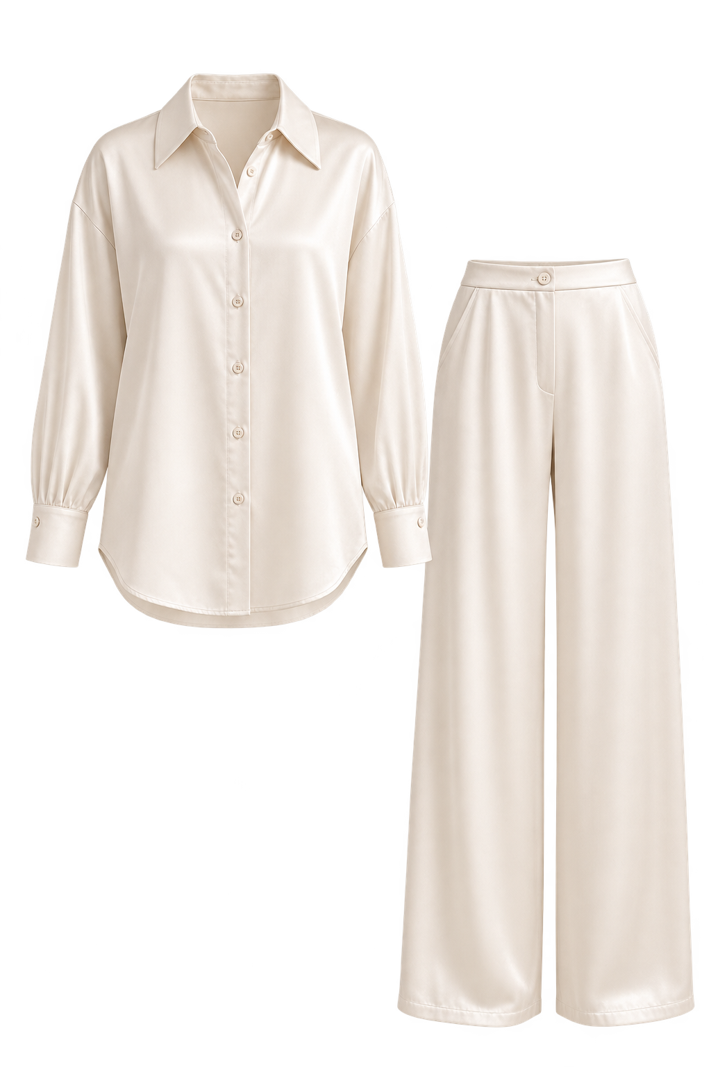 Saten Gömlek - Pantalon Bej Takım