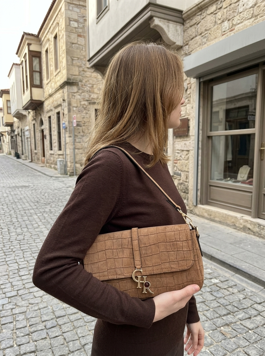 Stella Tan Croc Suede Medium - model üzerinde
