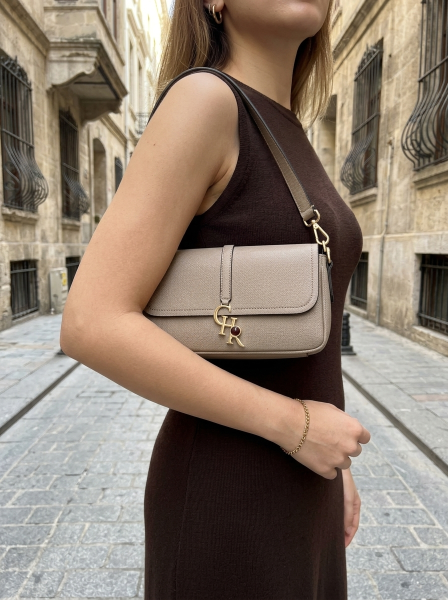 Stella Taupe Vegan Leather Medium - model üzerinde