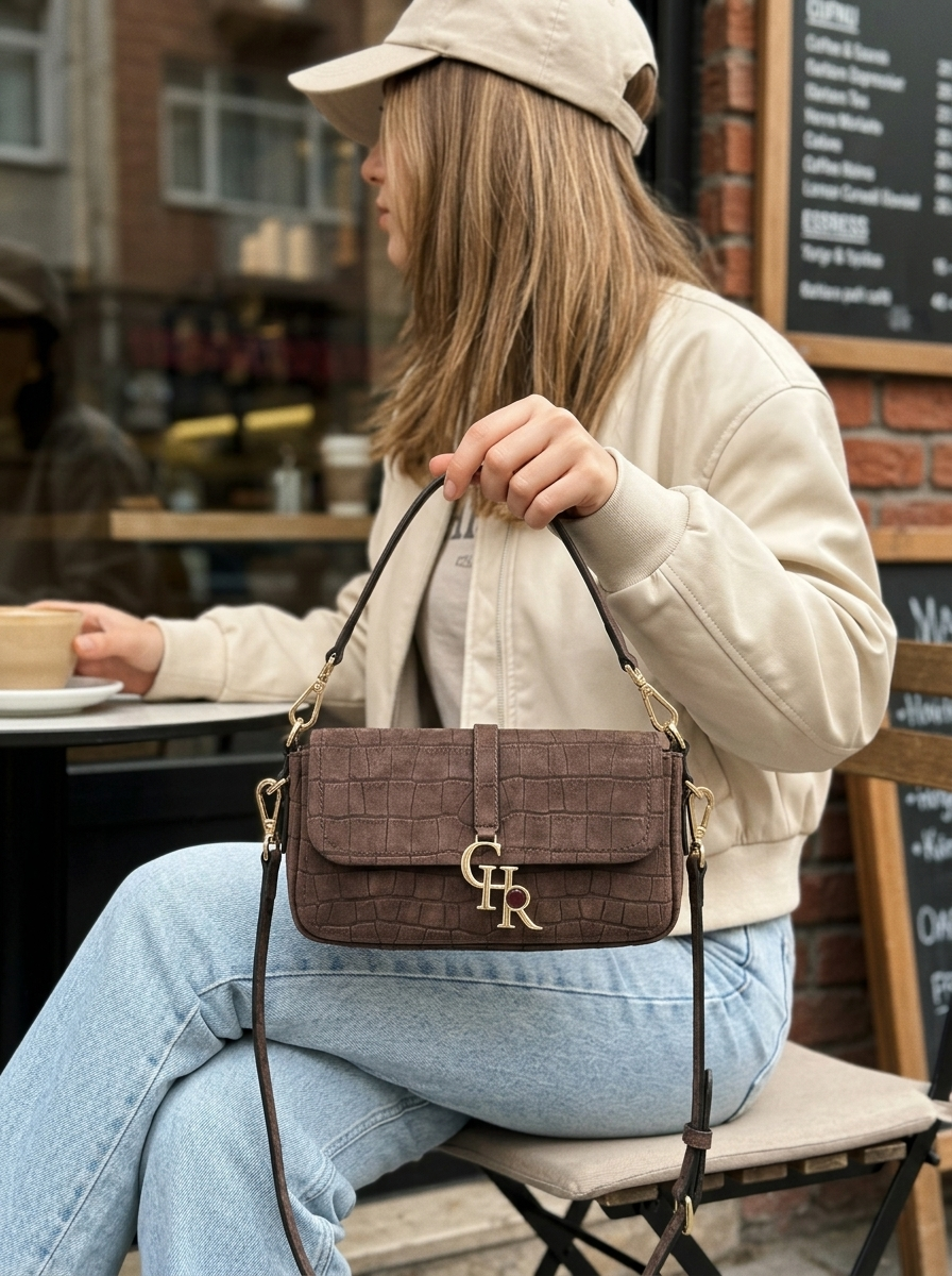 Stella Brown Croc Suede Mini - model üzerinde