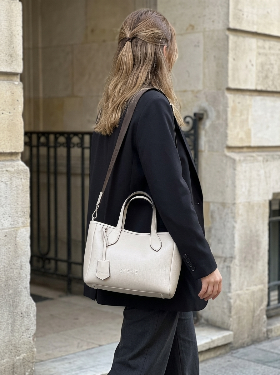 Rachel Beige Leather model üzerinde
